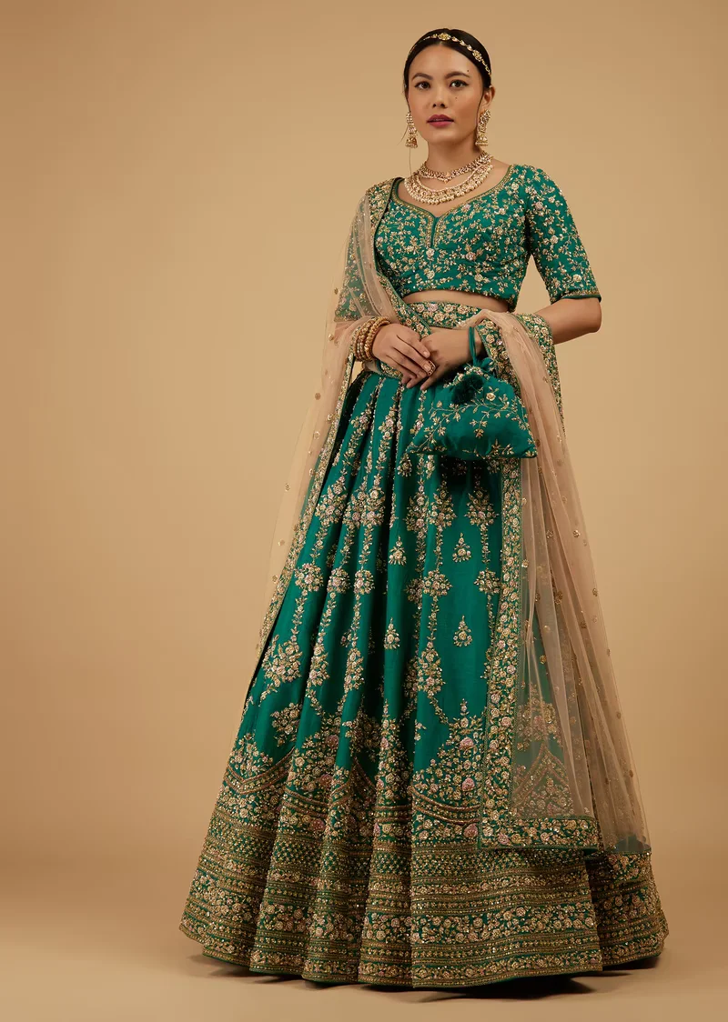 Bride And Baraat Emerald Green Fully Embroidered Lush Lehenga Choli With Belt & Potli