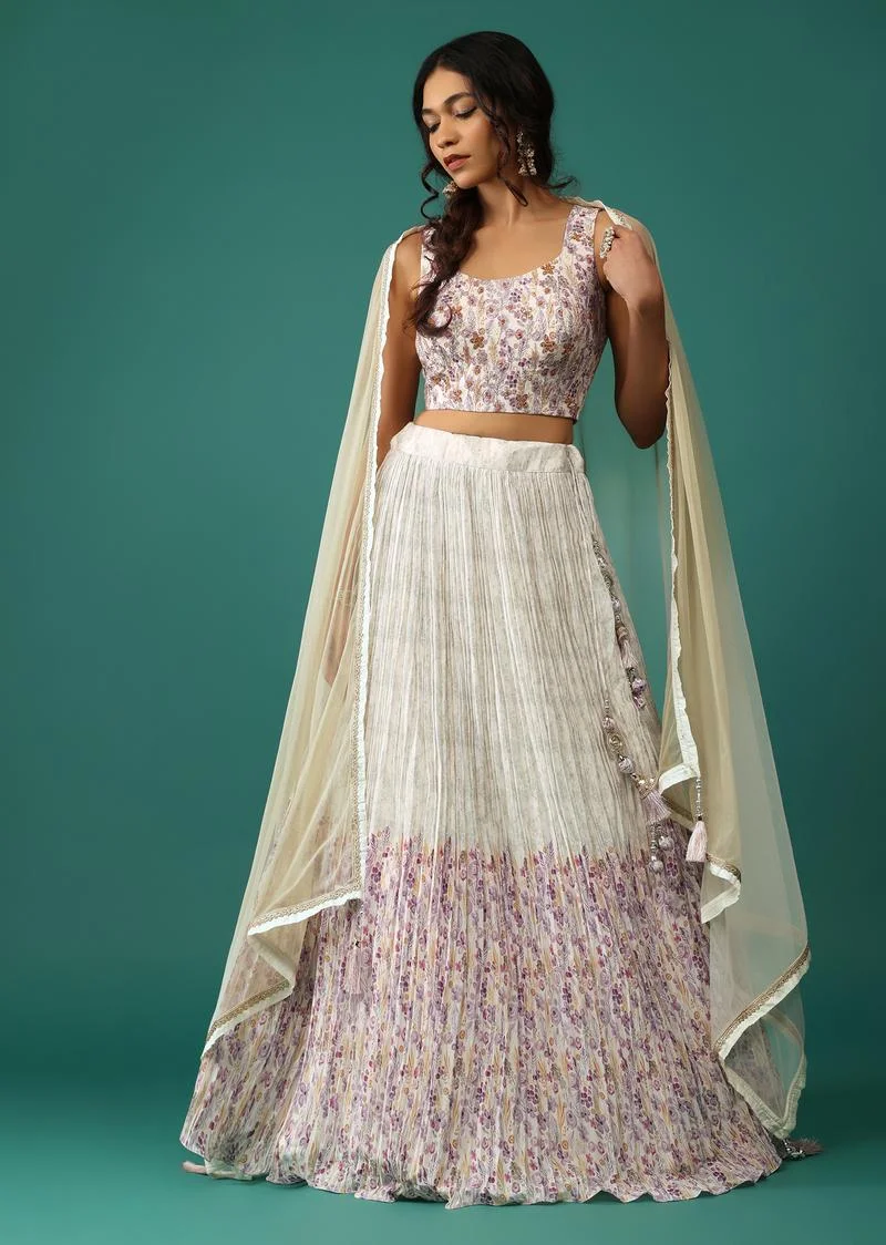 White Lehenga And Blouse Set In Silk With Floral Print