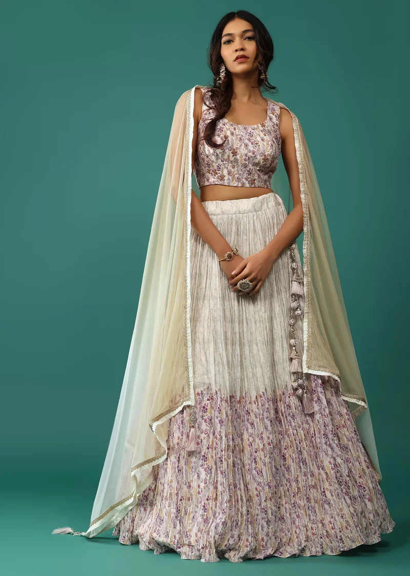 White Lehenga And Blouse Set In Silk With Floral Print