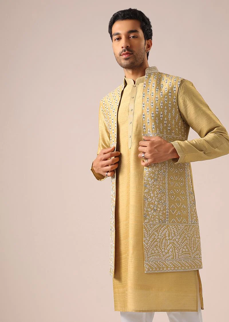 Yellow Mirror Work Long Jacket And Kurta Set