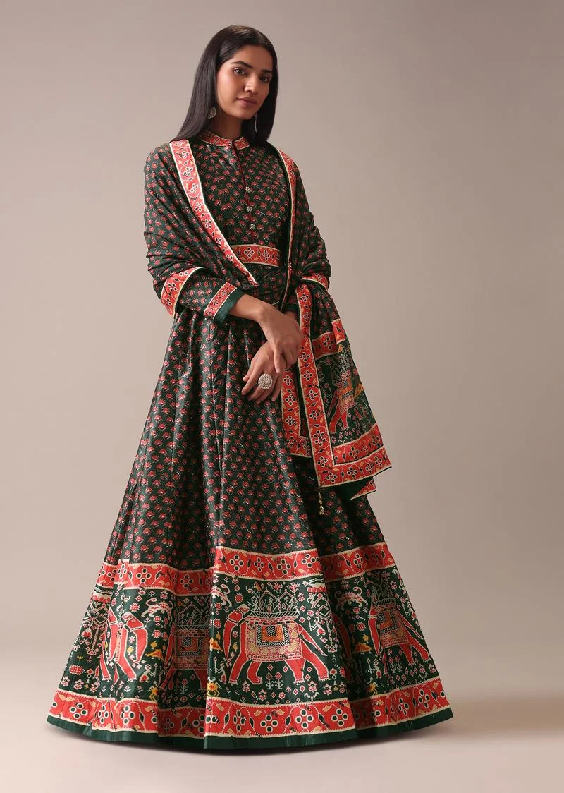 Bottle Green Printed Anarkali Suit Set