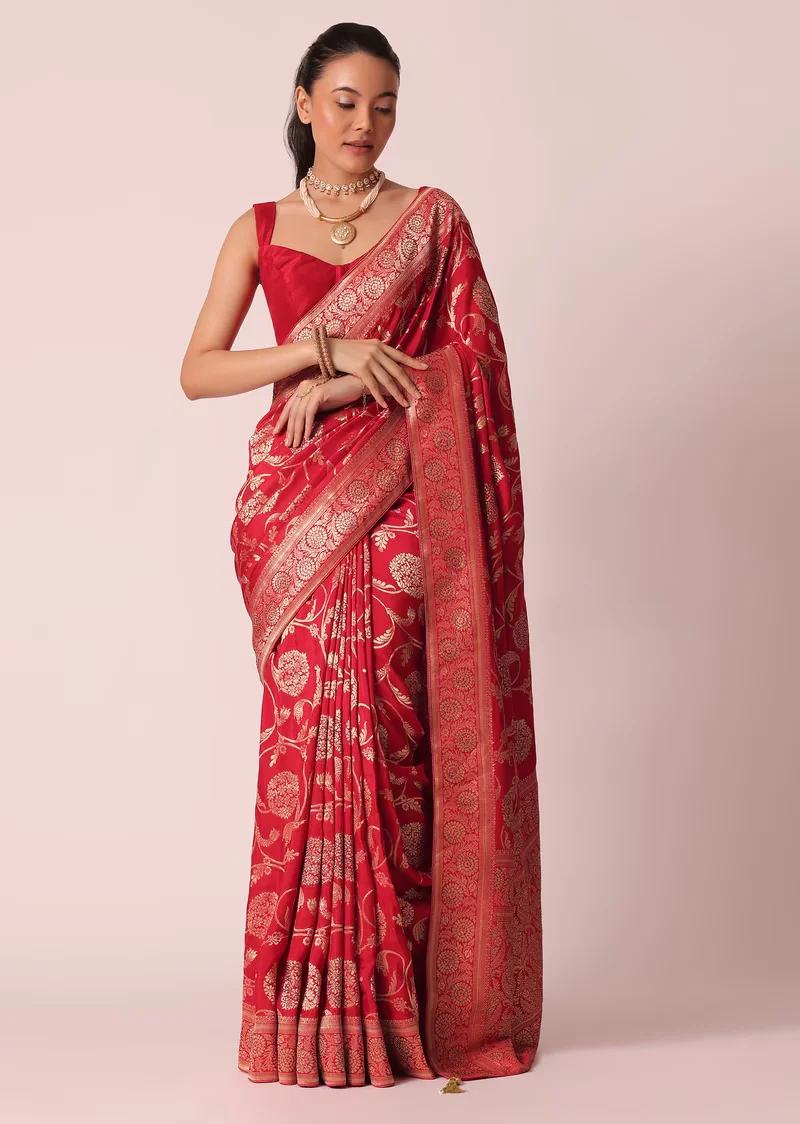 Red Saree In Dola Silk With Floral Weave